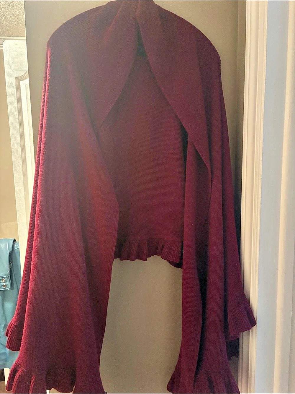 Holt Renfrew Burgundy Ruffle Sleeve Shrug wool